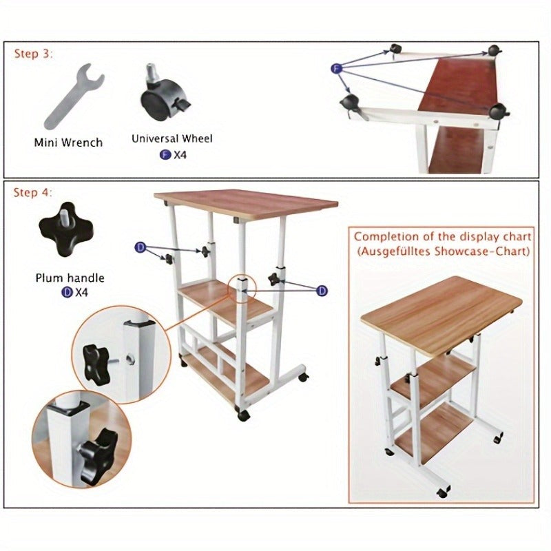 Rolling Bedside Desk, Height Adjustable 23-35 Inches, with Storage Shelf and Omnidirectional Wheels, for Home, Bedroom, Office Laptop Table
