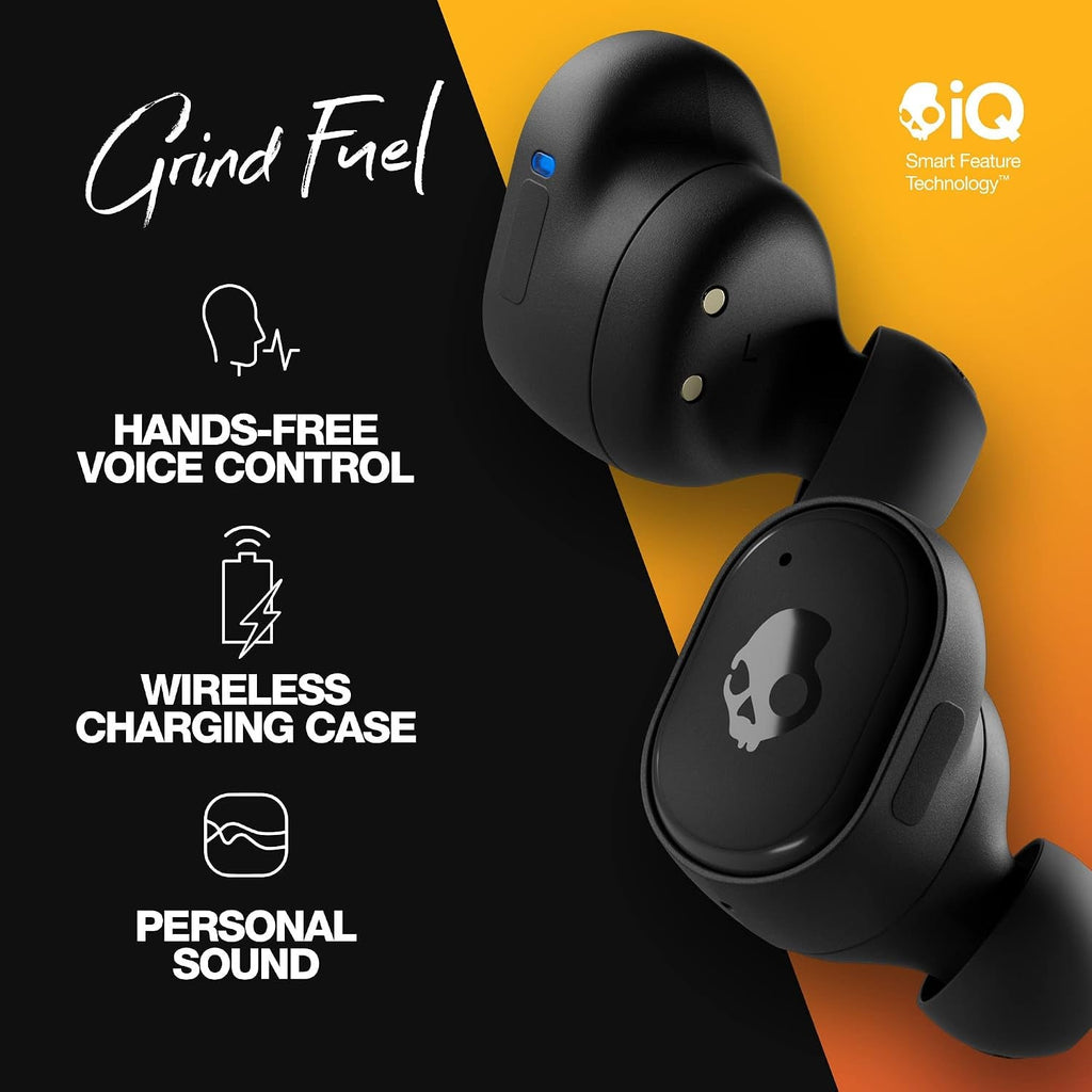 Skullcandy Grind Fuel Wireless Earbuds 40Hr Battery Rapid Charge IP55 Noise Isolating Wireless Charging Case Skull-iQ App Tile Finding & Microphone – True Black/Orange