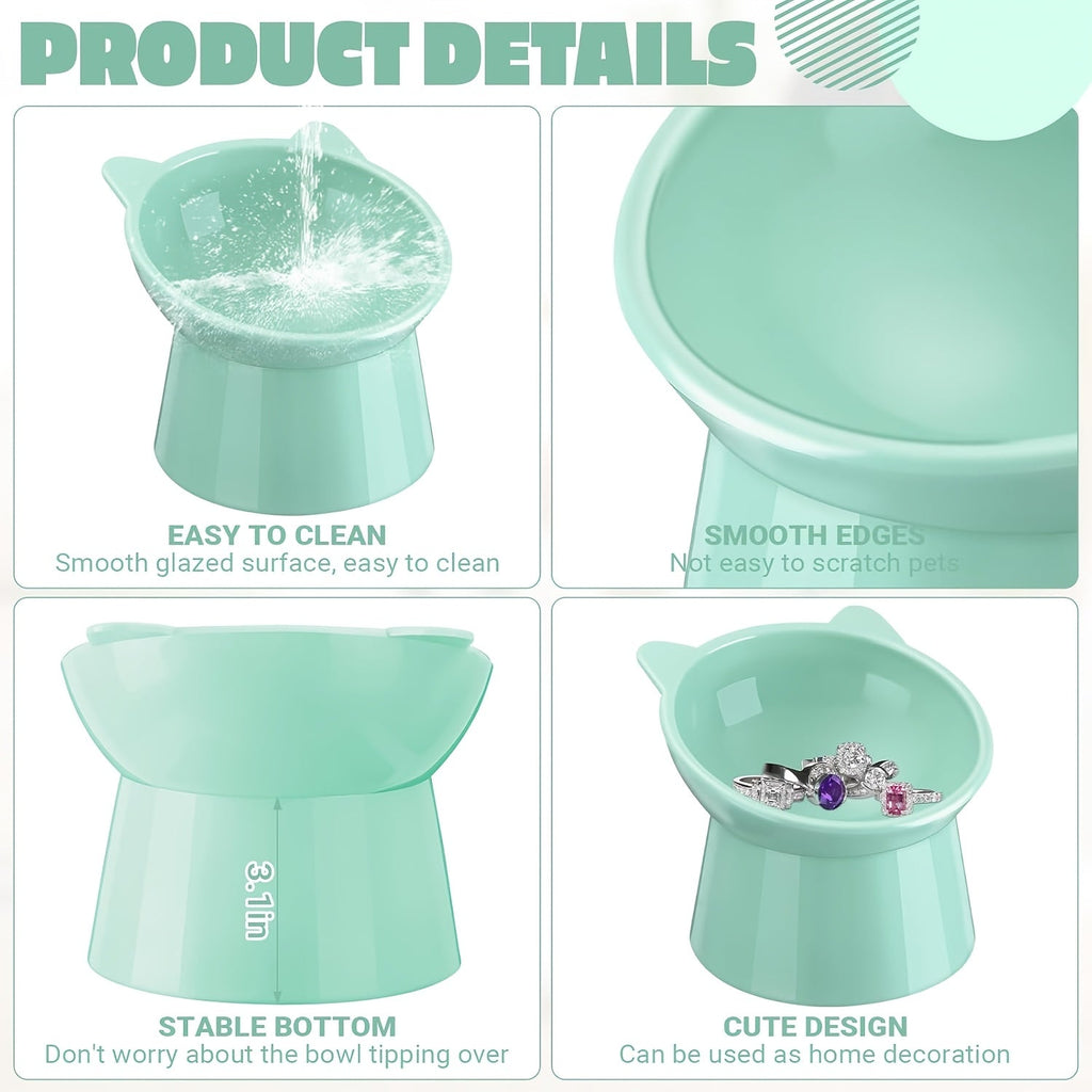 Raised Cat Bowls Set of 3, Cat-Ear Shaped Elevated Feeder, Anti-Slip Base, Neck Comfort Design, Tri-Color Pet Feeding Dish (Pink, Green, Blue) for Multi-Cat Households