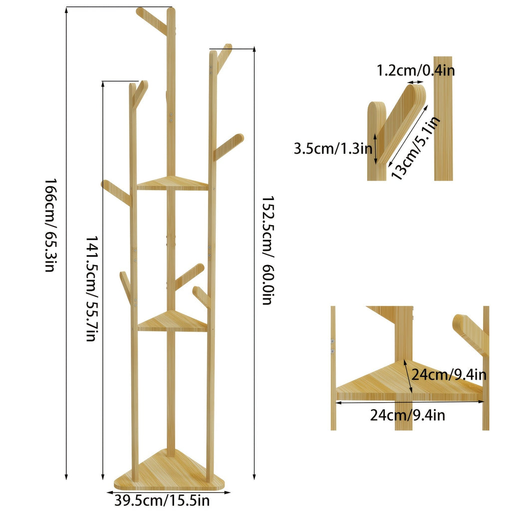 64" Bamboo Coat Rack Freestanding – 9 Hooks & 3 Shelves Entryway Hallway Tree Stand for Clothes Hats Bags & Coats in Natural Bamboo