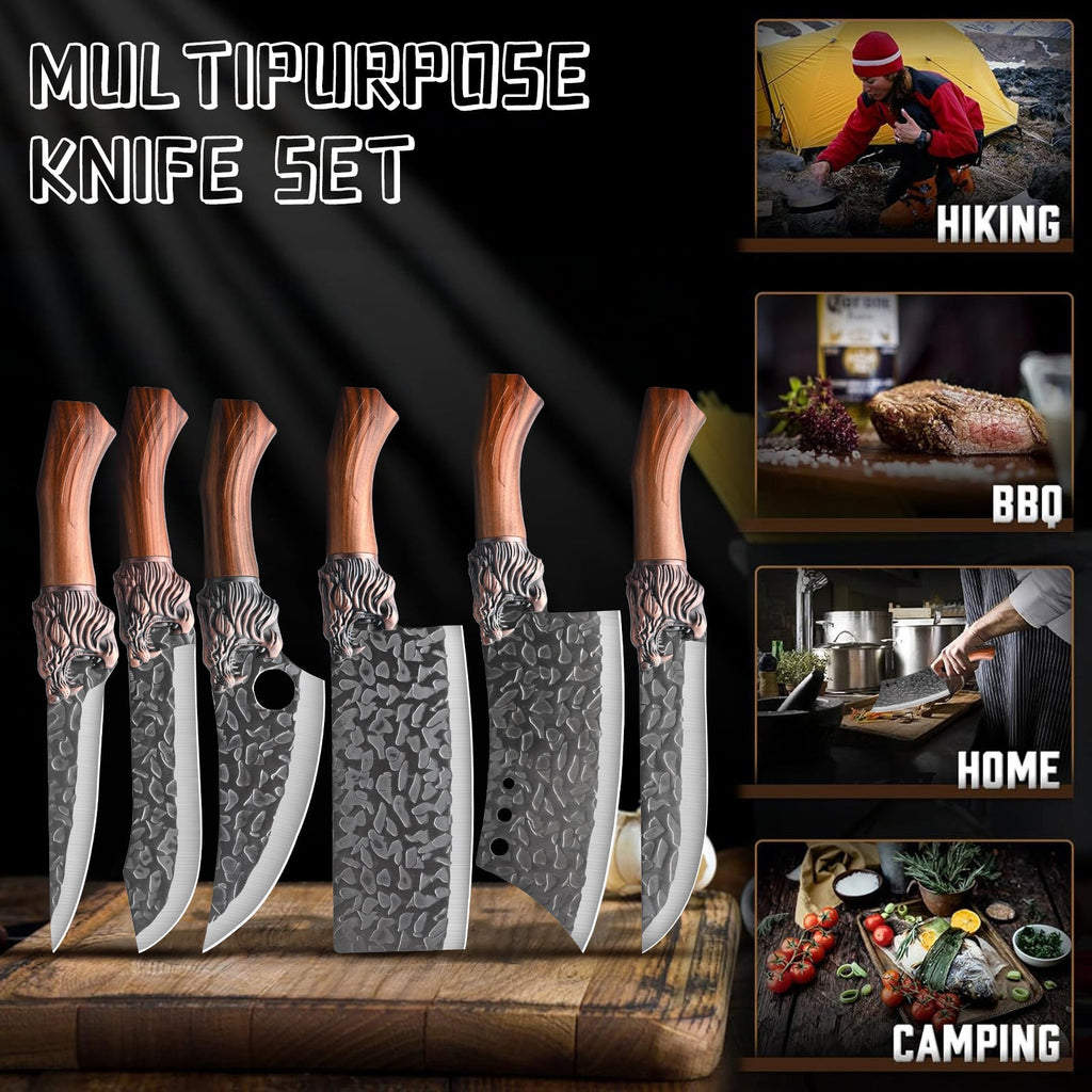 7-Piece Professional Chef Knife Set - Hand-Forged Damascus-Style Blade, Brown Wood Handle, Ergonomic Grip - Chef, Boning, Fish, Butcher Knife + Scissors - Meat, Fish, Vegetables & Fruits - Home & Professional Kitchen Gift