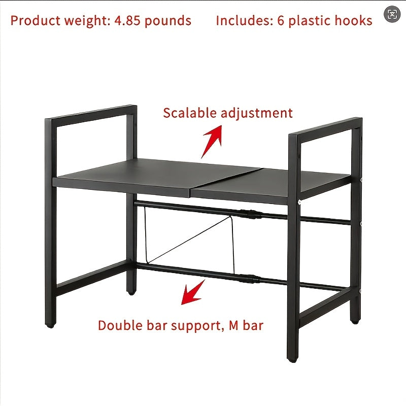 Expandable Over-The-Microwave Shelf - Heavy Duty Carbon Steel Kitchen Rack with 6 Hooks, 66 lb Capacity, Adjustable Width, Countertop Organizer for Microwave, Spices & Utensils - Black