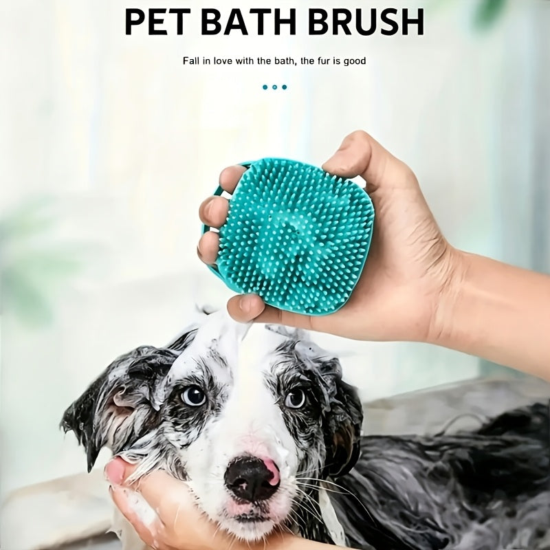 Pet Grooming Bath Brush with Built-In Shampoo Dispenser, Dog and Cat Massage Brush, De-shedding Scrubber, Ergonomic Handle, Soft Silicone Bristles for Bathing Dogs and Cats, Blue