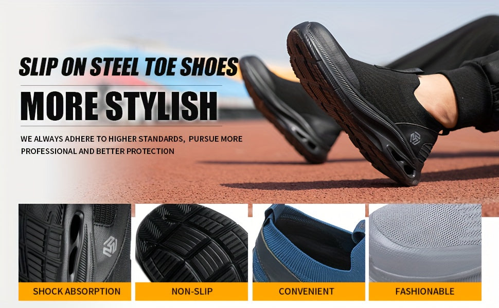 Men's Steel Toe Work Shoes Slip-On Lightweight Safety Sneakers Puncture-Resistant Non-Slip Loafers Black Grey Blue Sizes US 5.5-14
