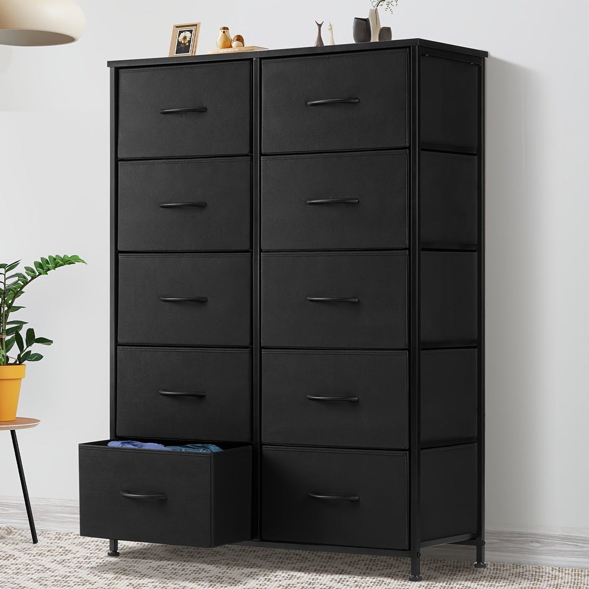 Idle Way 9 & 10-Drawer Bedroom Dresser with Metal Frame & Wood Tabletop, Fabric Closet Organizer Chest Storage Tower for Bedroom, Living Room & Entryway, Coal Black, Black & Grey