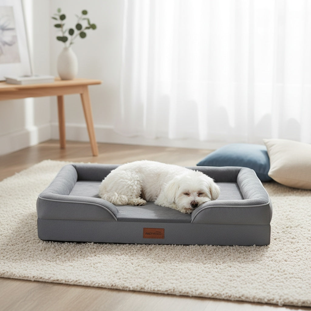 Extra Large Dog Sofa Bed, 100% Supportive Foam, 4-Sided Bolster, Removable Washable Cover, Non-Skid Bottom, Joint Support, Soft Warm Pet Couch Bed, Grey, M/L/XL/XXL, All Breeds