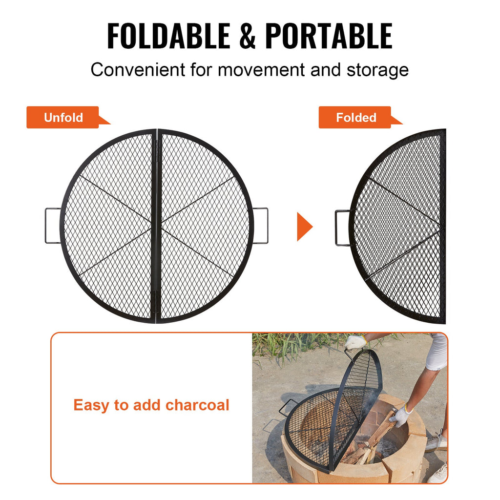 Fire Pit Grill Grate 36 Inch Round Foldable, Heavy-Duty Steel BBQ Cooking Grate with X-Wire Support & Handle, Diamond Mesh, Portable Camping Cookware for Outdoor Party Backyard, Black