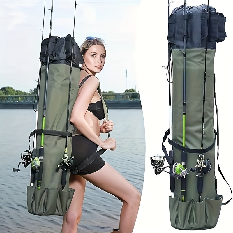 Large Capacity Folding Durable Fishing Rod Bag, Multifunctional Gear Carrier Case with Two Lead Weights, Fits Multiple Rods, Tackle Organizer for Freshwater and Saltwater Fishing