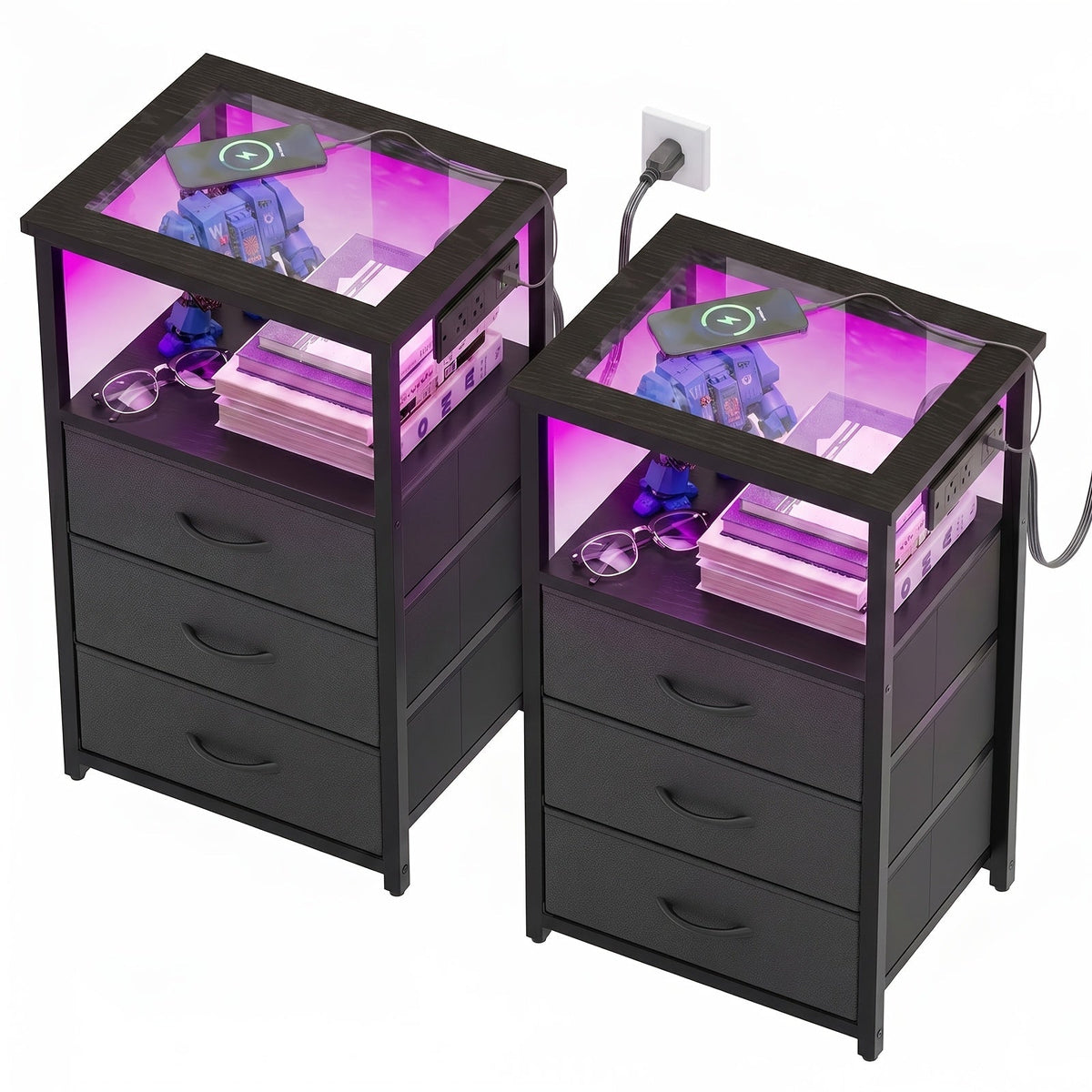 TOMNK Nightstand with Glass Tabletop LED Light & Charging Station 2 or 3 Fabric Drawers PU Finish Display Stand for Bedroom & Living Room – Black White Brown