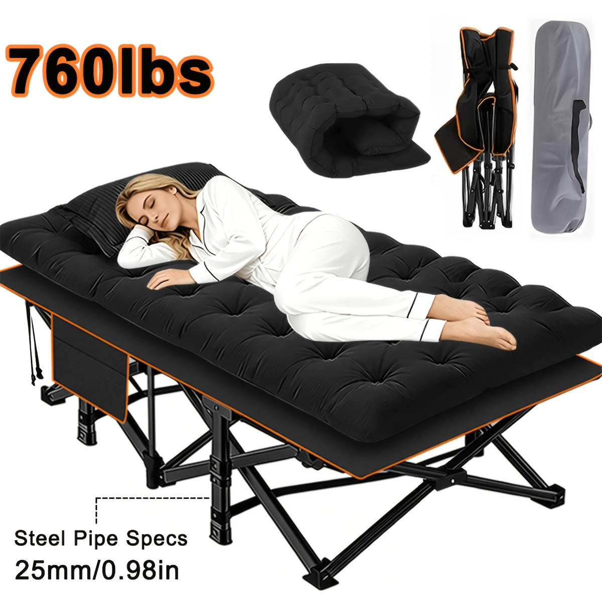 Folding Camping Bed with Mattress & Side Pockets – Heavy Duty Portable Cot for Adults, Foldable Guest Bed for Camping, Outdoor, Courtyard, Terrace, Office, and Guest Room