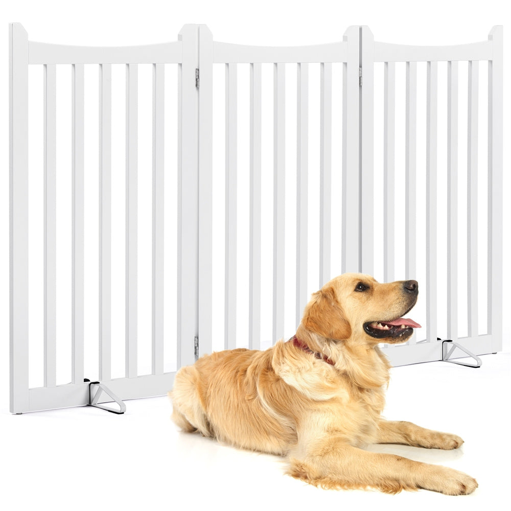 Freestanding Wooden Dog Gate 3-Panel with Door, 24"/36" Height, Anti-Scratch, Two Support Feet, Indoor Pet Barrier for Doorway Stairs Hallway, for Small Dogs & Puppies, White