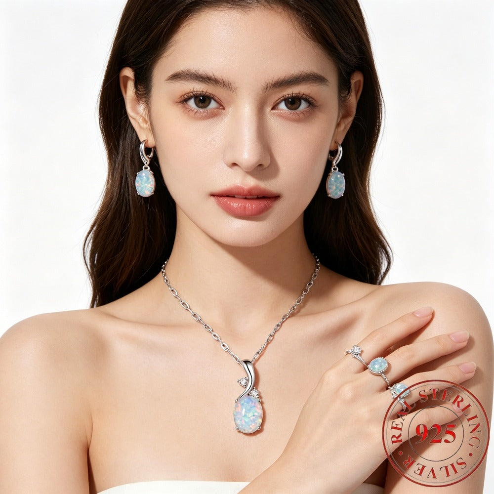 925 Sterling Silver Water Drop Opal Jewelry Set for Women – 4-Piece Necklace, Earrings, and Ring Set, Elegant Opal Pendant Fashion Jewelry Gift for Party, Daily Wear, Birthday, and Anniversary