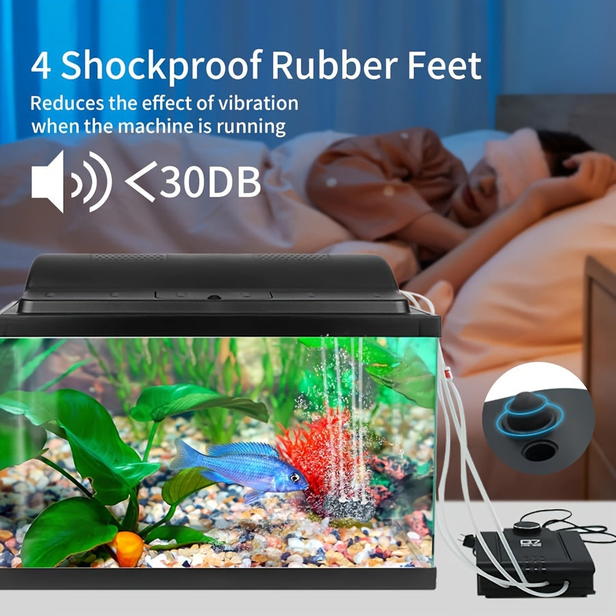 水族气泵 4出气口 320GPH 8W – 静音鱼缸气泵，适用于高达400加仑水族箱，带可调气阀，包含4个止回阀、4个气泡石及4根5英尺软管，适用于淡水、海水、水培及鱼池