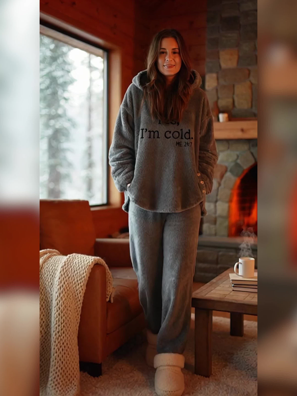 Women's Cold Print Teddy 2-Piece Set - Button-Decorated Long-Sleeve Hoodie & Casual Pants for Autumn & Winter - Mixed Colors - S to XXL