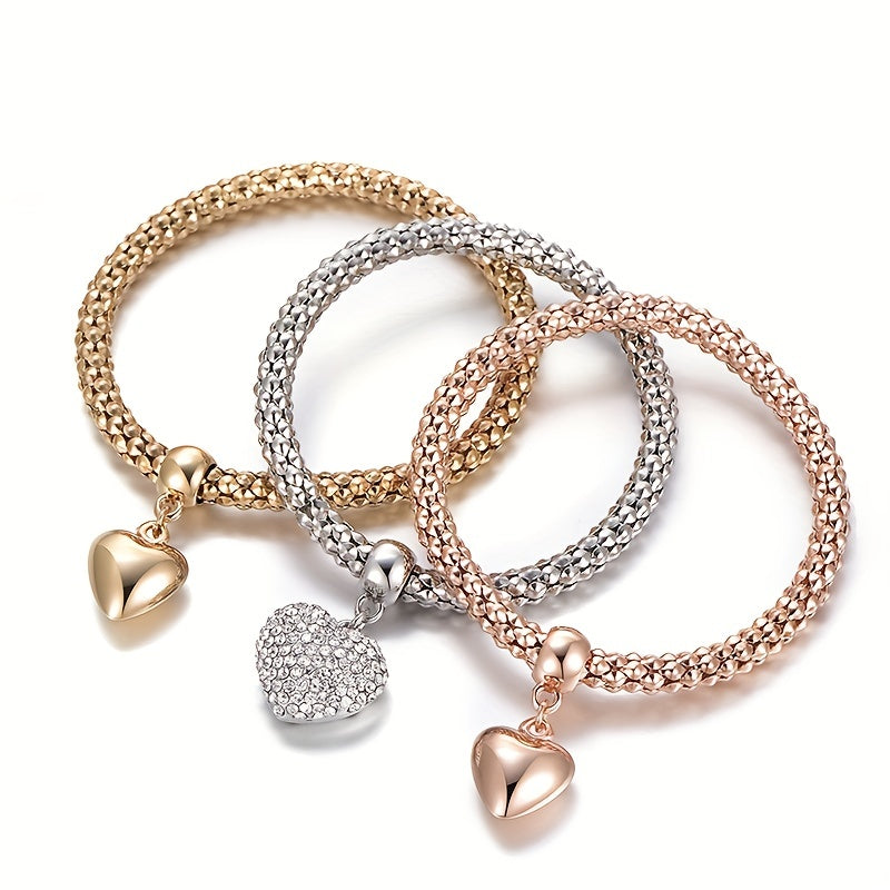3PC Stainless Steel Stackable Bracelet Set for Women – Gold, Silver, & Rose Gold Wheat Chain & Heart Tree of Life Elastic Bracelet, Hypoallergenic Daily & Party Wear