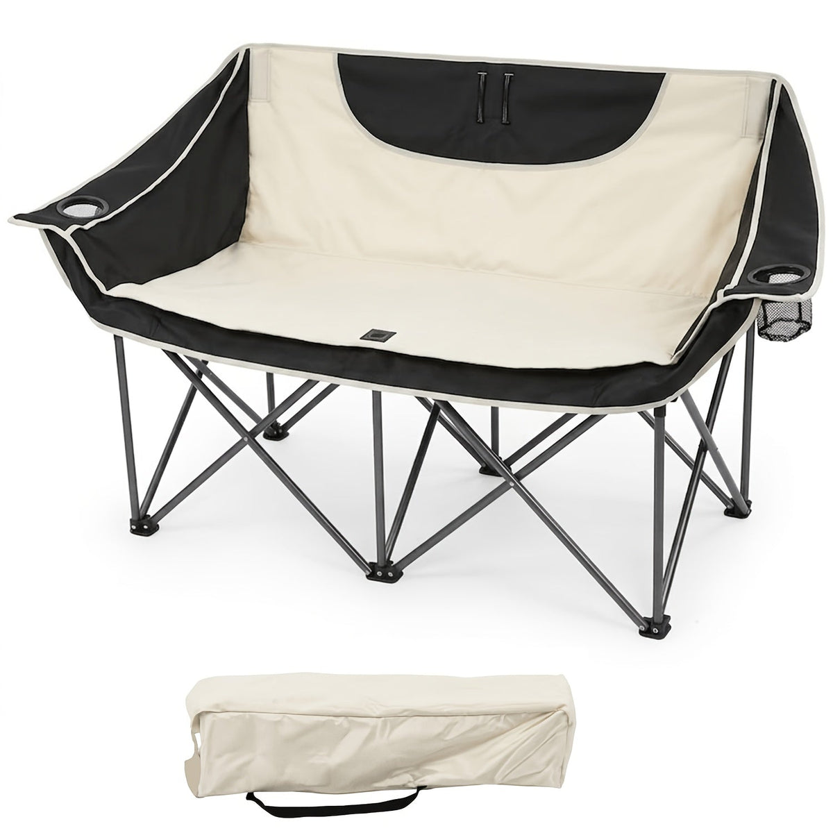 2-Person Oversized Camping Chair – Heavy-Duty Padded Outdoor Loveseat with Cup Holders Armrests & Carry Bag Portable Collapsible for Beach Picnic Backyard BBQ & Camping in Blue Beige Orange & Grey