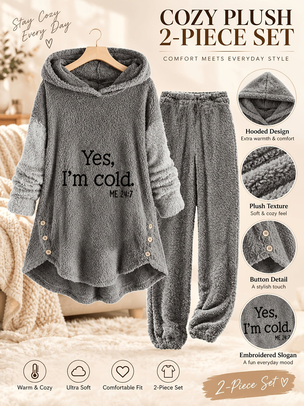 Women's Cold Print Teddy 2-Piece Set - Button-Decorated Long-Sleeve Hoodie & Casual Pants for Autumn & Winter - Mixed Colors - S to XXL