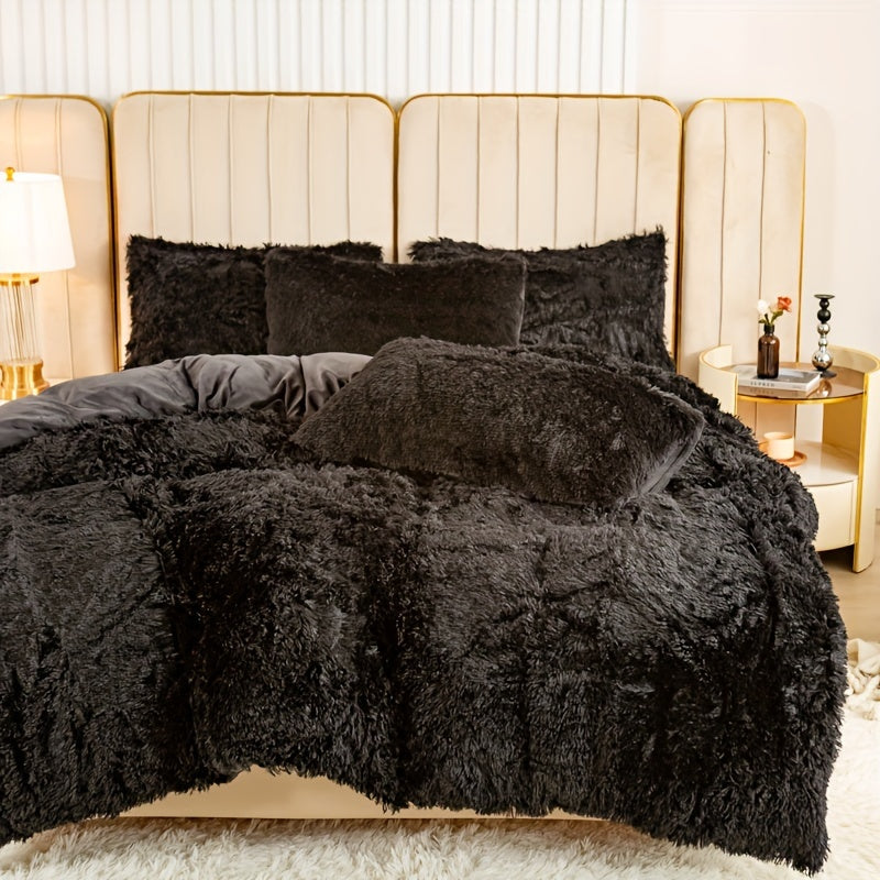Plush Duvet Cover Set 3 Piece, Long Hair Knitted Polyester, Solid Color Fuzzy Comforter Cover with Zipper Closure, All-Season Soft Cozy Bedding Set for Bedroom, Multiple Colors Available