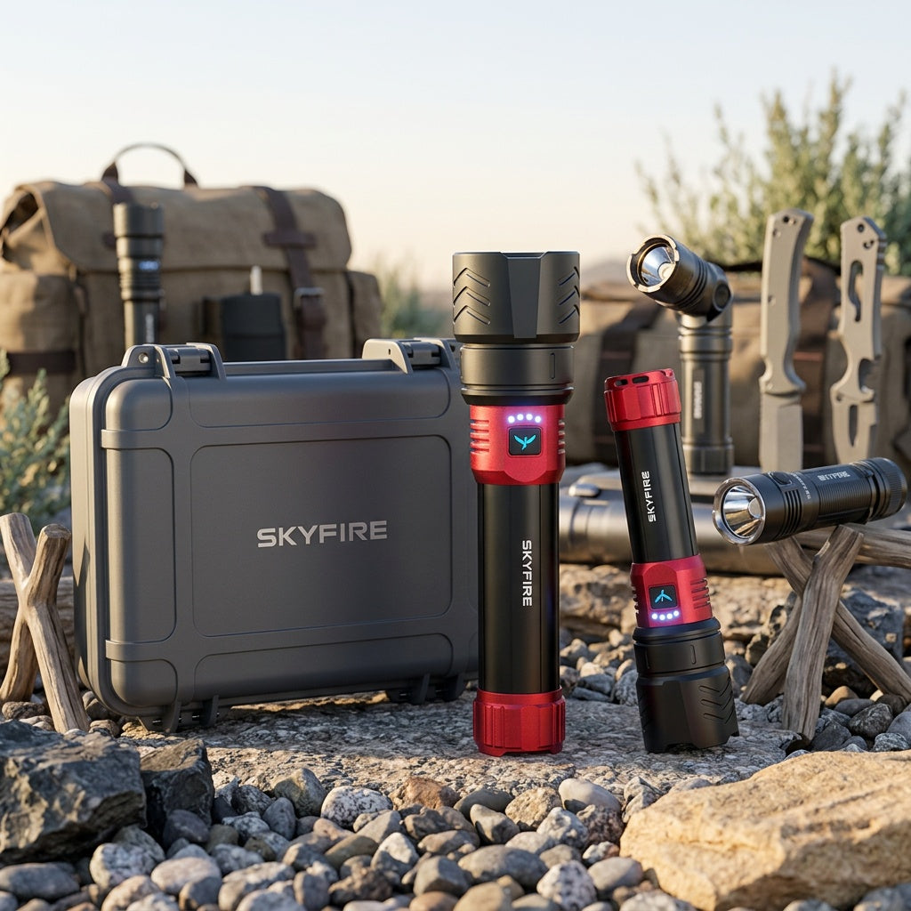 SKYFIRE 5000 Lumen Rechargeable LED Flashlight with Ignition Lens, Adjustable Focus & 4 Modes – Super Bright High-Lumen Tactical Flashlight for Camping, Outdoor, Farm & Emergency Family Use