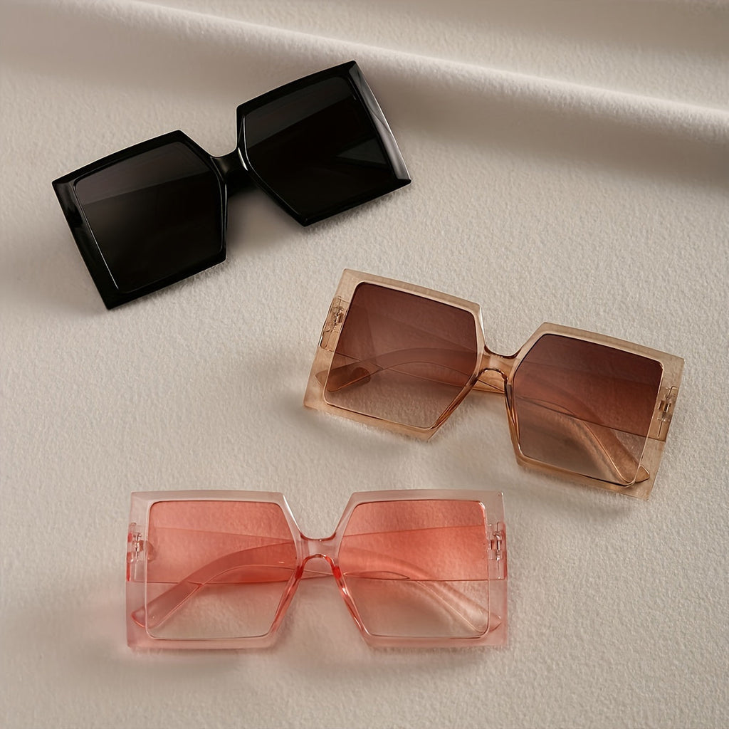 3-Pack Women's Oversized Flat Top Fashion Sunglasses Set - Large Square Frame Trendy Retro Eyewear in Pink, Champagne, and Black for Beach, Driving, Travel & Everyday Style