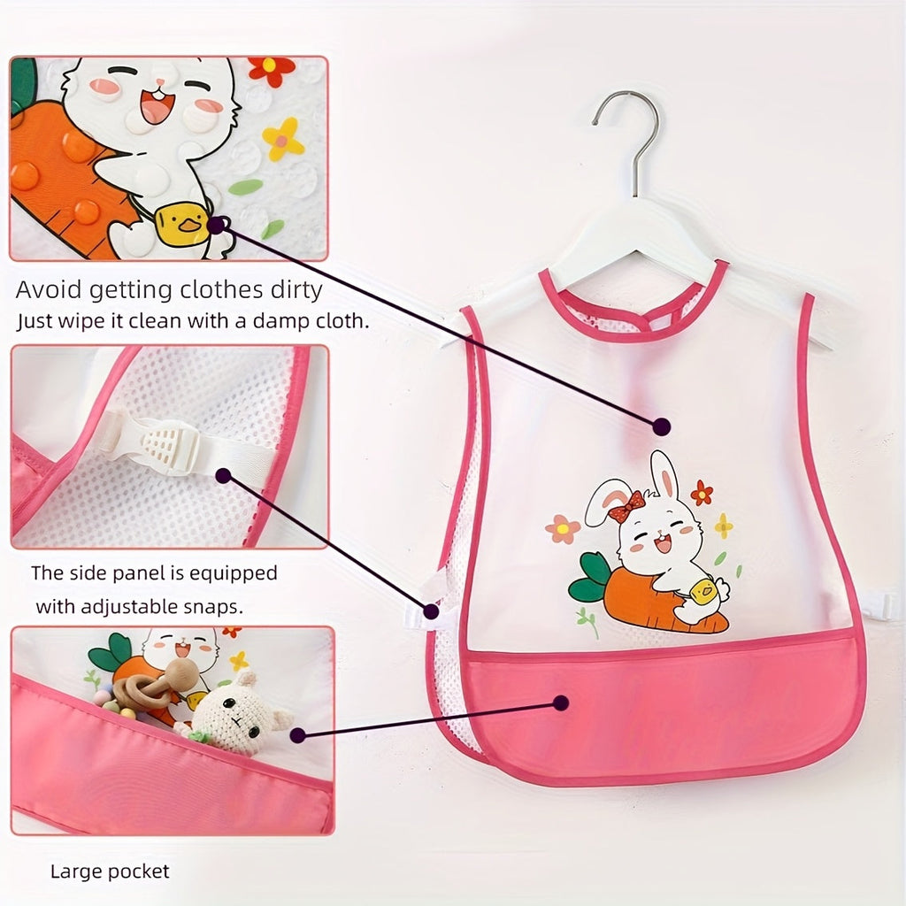 Toddler Feeding Bib with Extra-Large Catch Pocket, Adjustable Long Suspender Mealtime Bib for Kids Ages 1-4, Reusable Easy-Clean Preschool Mealtime Protector for Boys & Girls