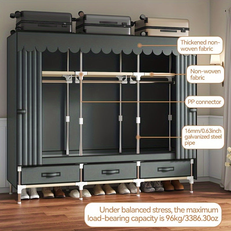 Freestanding Fabric Wardrobe with Curtain Sliding Door – 3 Hanging Rods & Rail Portable Closet Storage Organizer for Bedroom Study in Gray Jacquard & Magpie