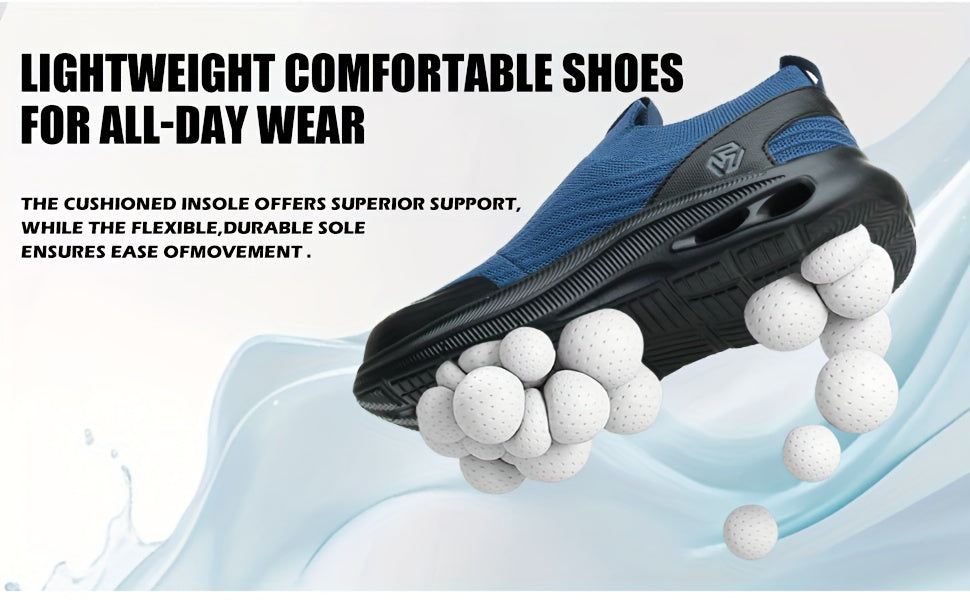 Men's Steel Toe Work Shoes Slip-On Lightweight Safety Sneakers Puncture-Resistant Non-Slip Loafers Black Grey Blue Sizes US 5.5-14