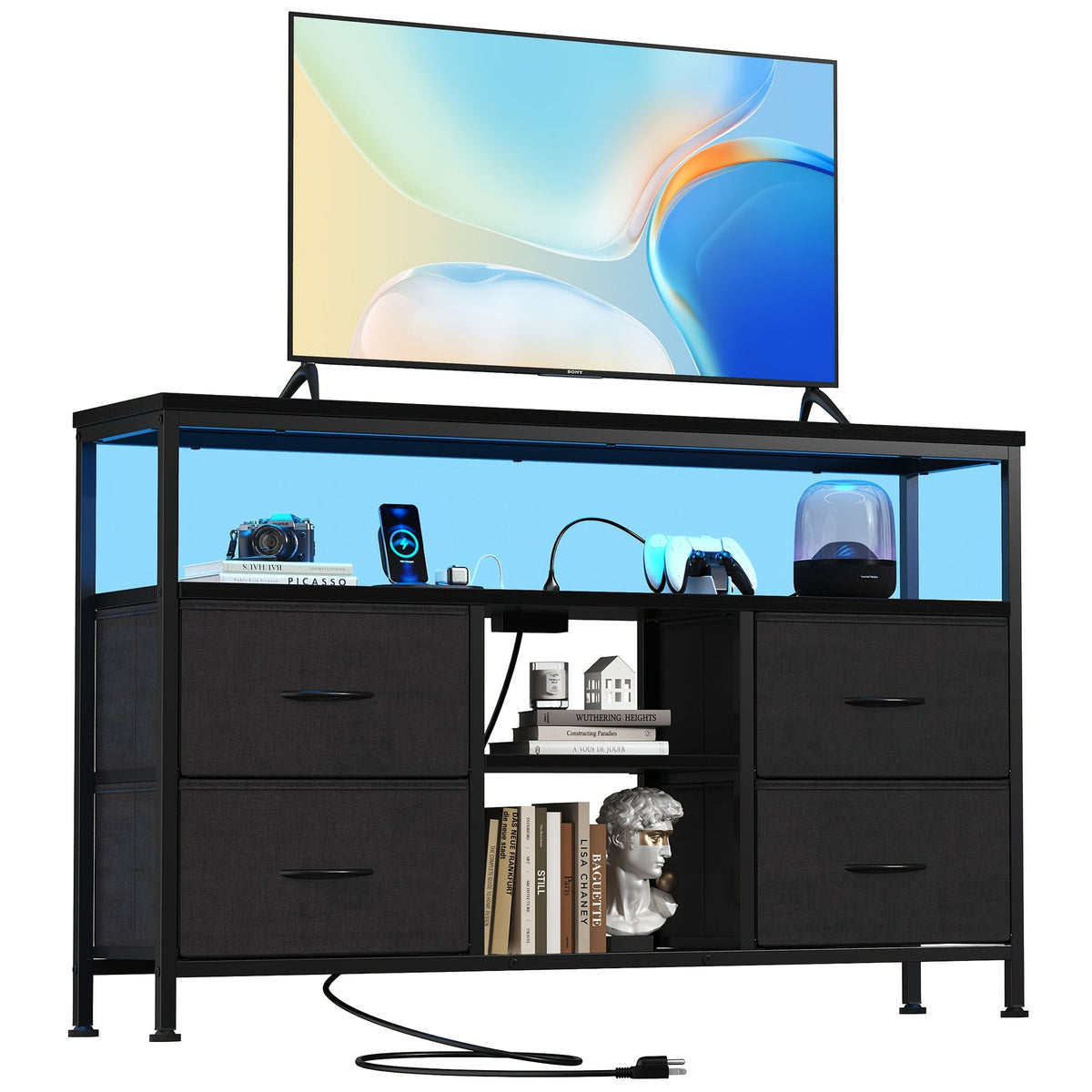 TV Stand with 4 Drawers & LED Lights, Entertainment Center Media Console with Power Sockets, Open Shelves & Adjustable Feet for 50 Inch TV, Living Room Furniture, White Black Rust