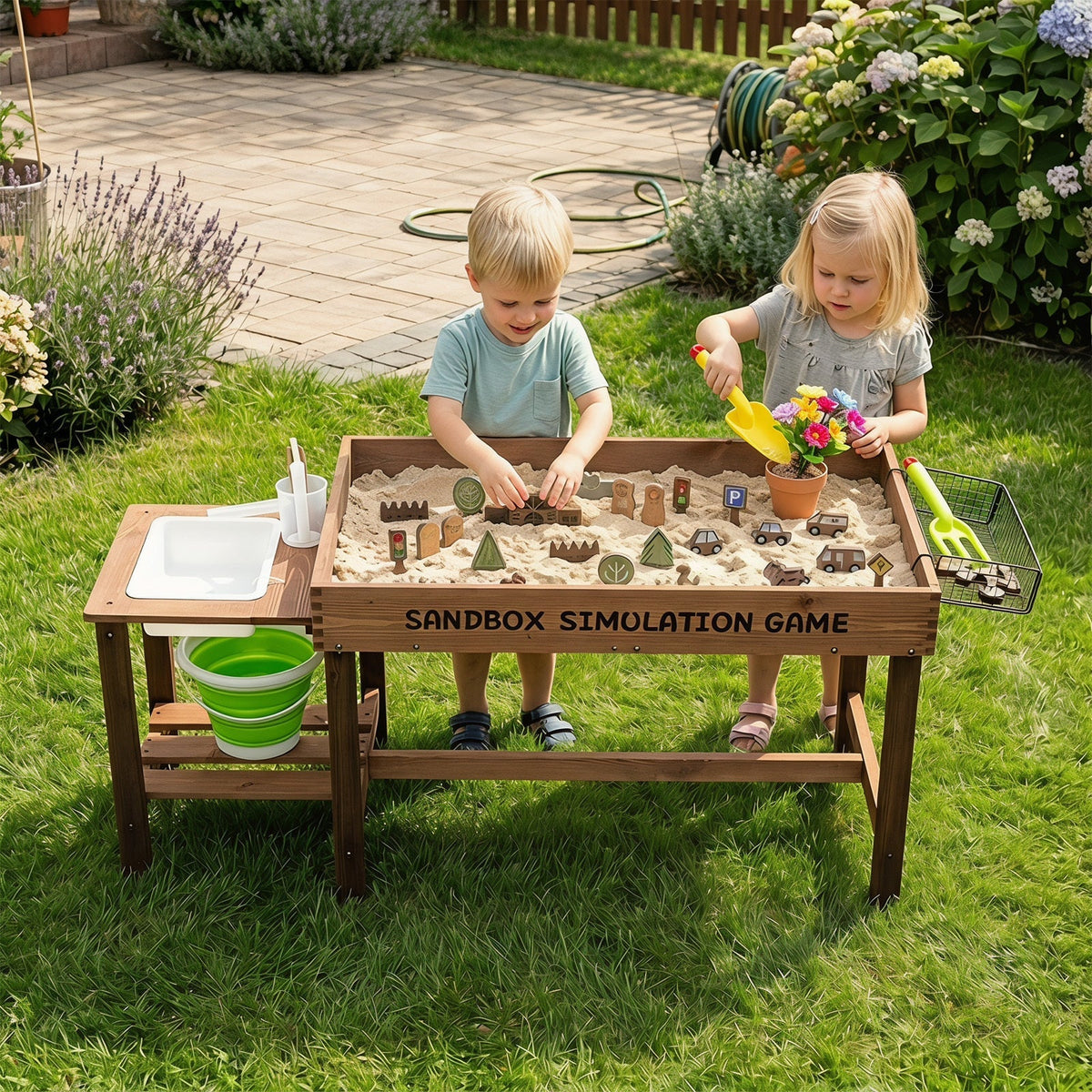 Kids Wood Sensory Sand and Water Activity Table with Sink Water Pump, 33 Sand Toys, Rake, Shovel - Indoor Outdoor Sandcastle Building Toddler Learning Sensory Play Gift for Boys Girls Ages 3+