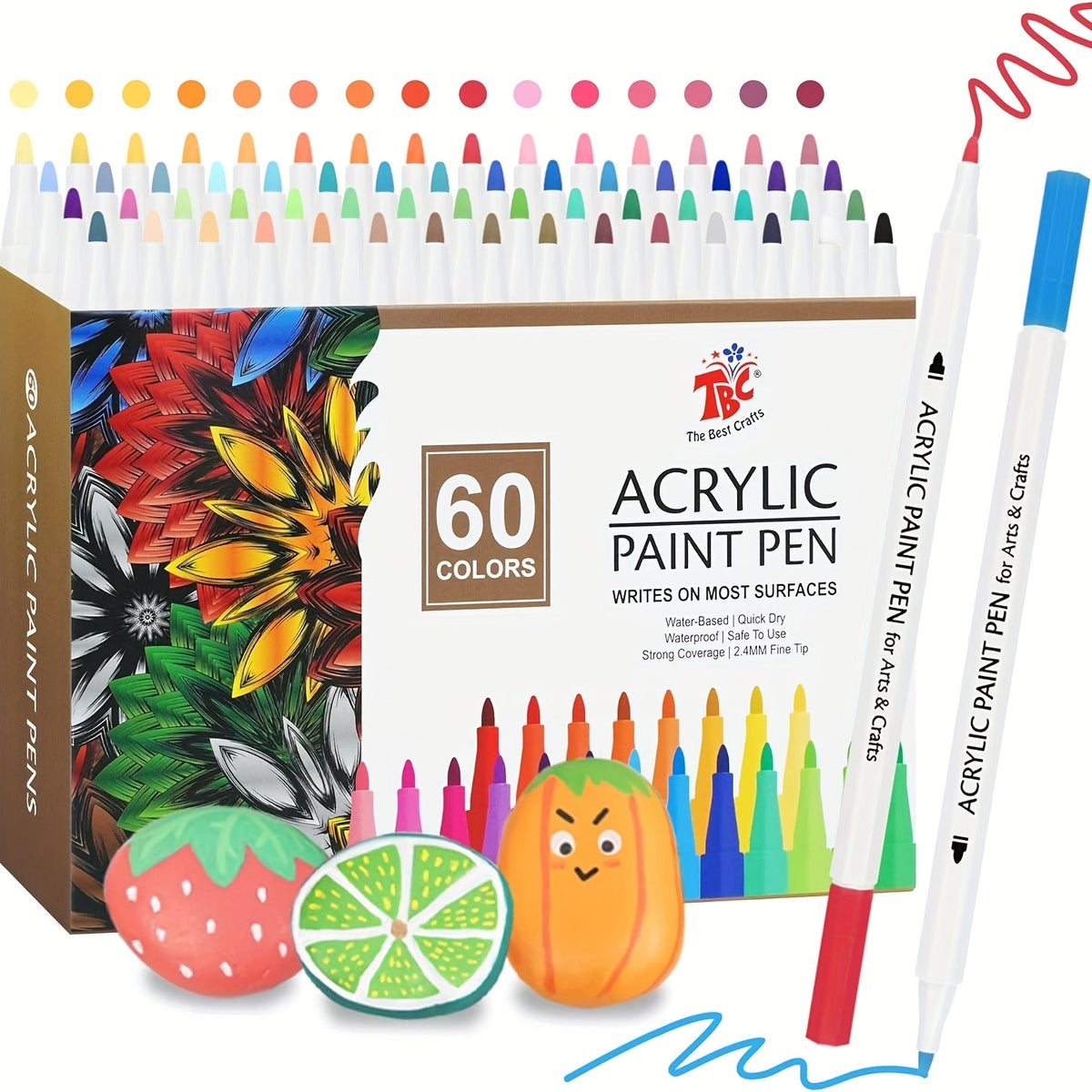 TBC The Best Crafts Acrylic Paint Pens, 60 Colors, Waterproof, Non-Toxic, Odorless, Soft Brush Tip, for Rock, Pottery, Glass, Canvas, Wood, Fabric, Eggs, Handicrafts, Art Gift