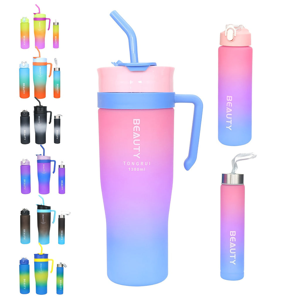 BPA-Free Gradient Water Bottle 5-Piece Set with Straw & Spill-Proof Lid - 46oz, 27oz, & 9oz Leak-Proof Sports Bottles for Gym, Travel, and Outdoor Use