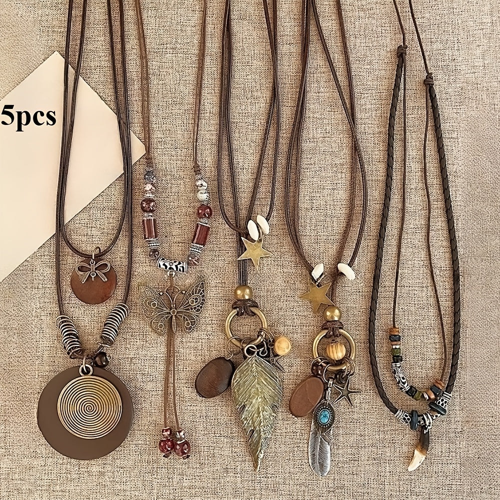 5-Piece Bohemian Layered Necklace Set for Women – Retro Boho Sweater Chain Y-Shaped Necklace with Feather, Leaf, Butterfly, and Star Pendants, Fashionable Stackable Jewelry Gift for Daily Wear and Banquets