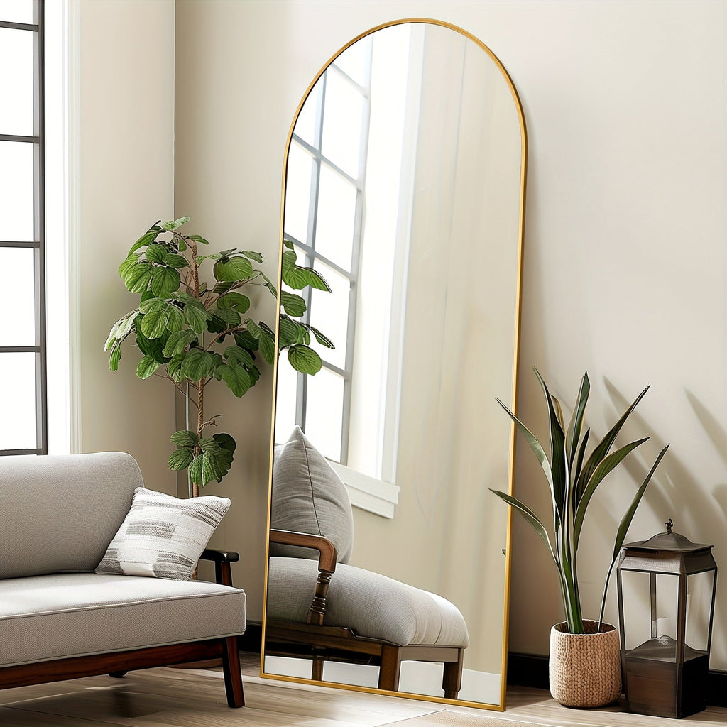 Arched Full-Length Floor Mirror – Freestanding Full-Body Mirror with Stand for Bedroom, Living Room, and Cloakroom, Wall-Mountable, Available in 3 Sizes & 2 Colors (Black & Gold)