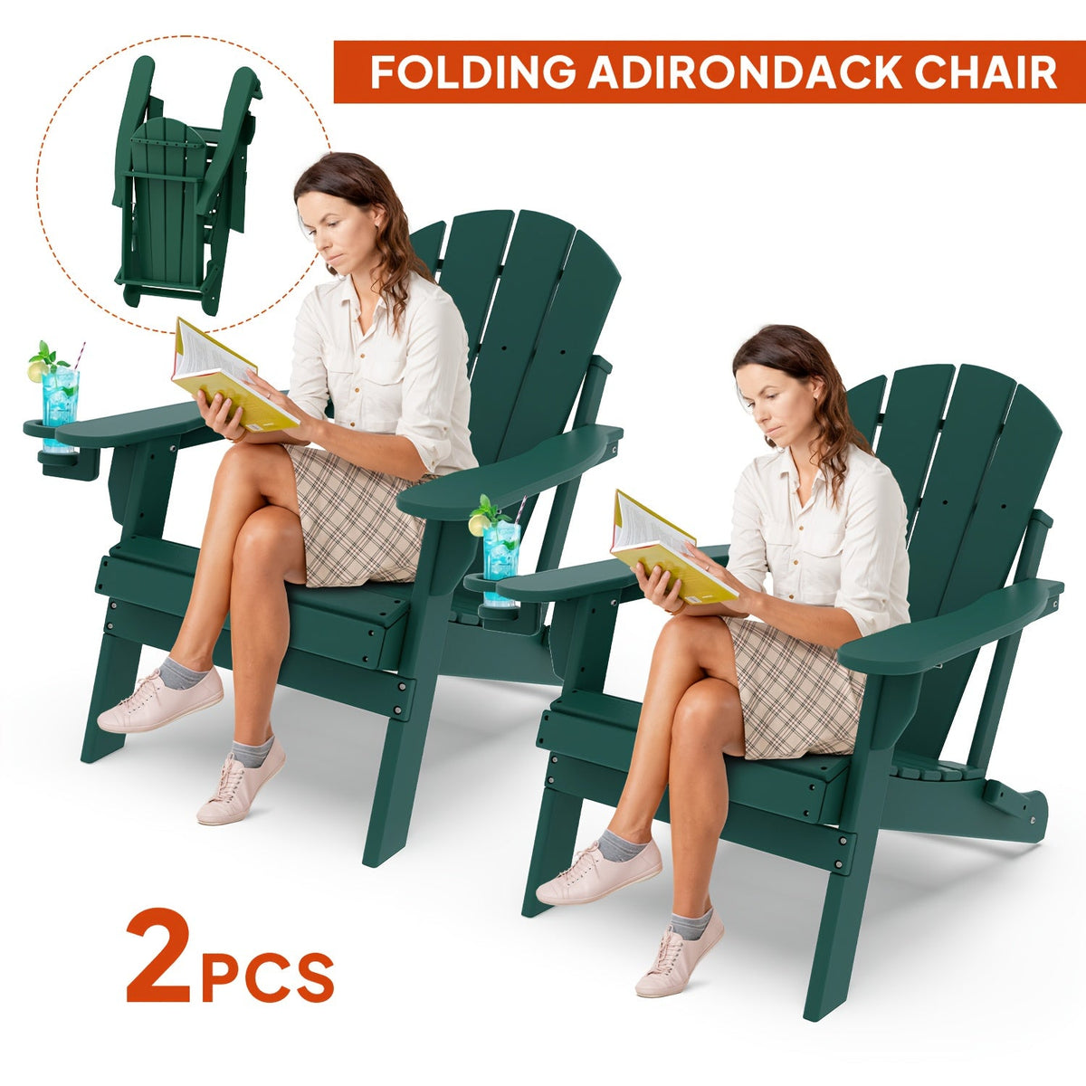 Folding Adirondack Chair with Cup Holder Portable Recliner Stainless Steel Frame Durable Plastic Easy Clean for Patio Poolside Garden Camping Set of 1 2 4 6