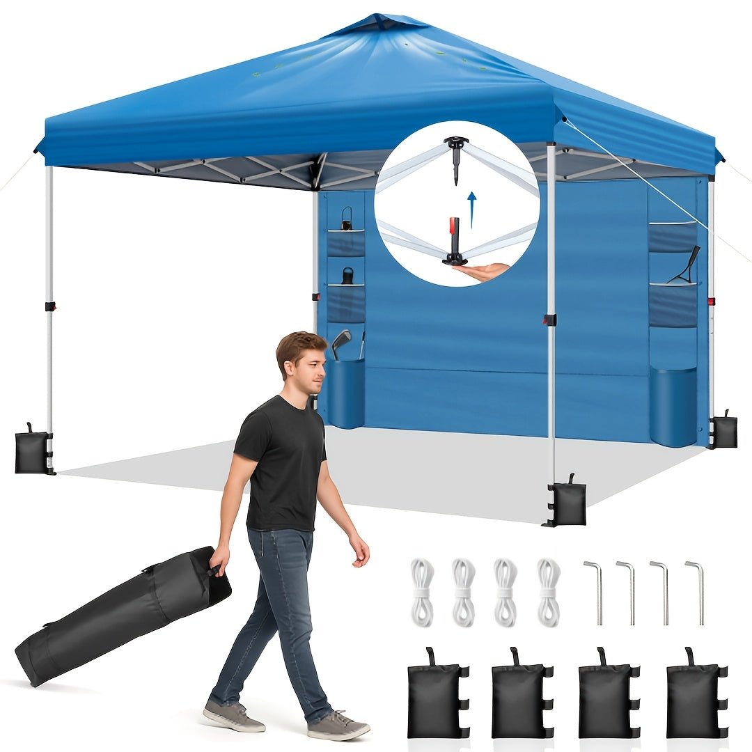 10x10 ft Instant Pop-Up Canopy Tent with Removable Sidewall & Sandbags UV50+ Waterproof Vented Top One-Person Setup for Beach Camping Party & Outdoor Events – Blue, Black or White