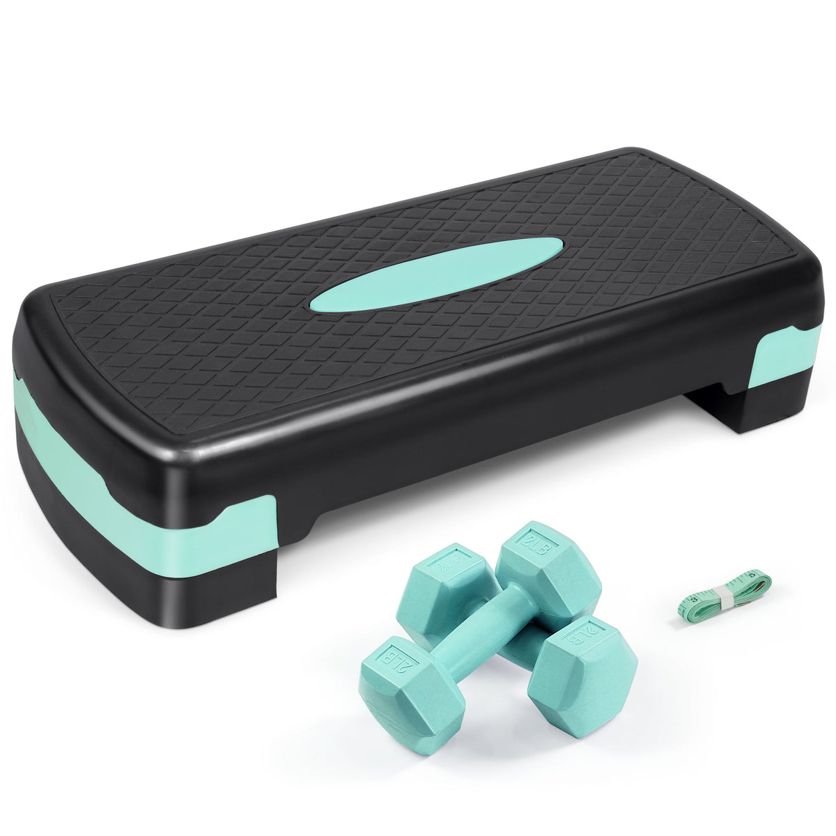 Adjustable Height Aerobic Stepper Set with 2 Dumbbells & Measuring Tape – Home Workout Exercise Step Platform with Risers, Non-Slip, 550 LB Capacity, 3 Colors: Blue, Green, Pink