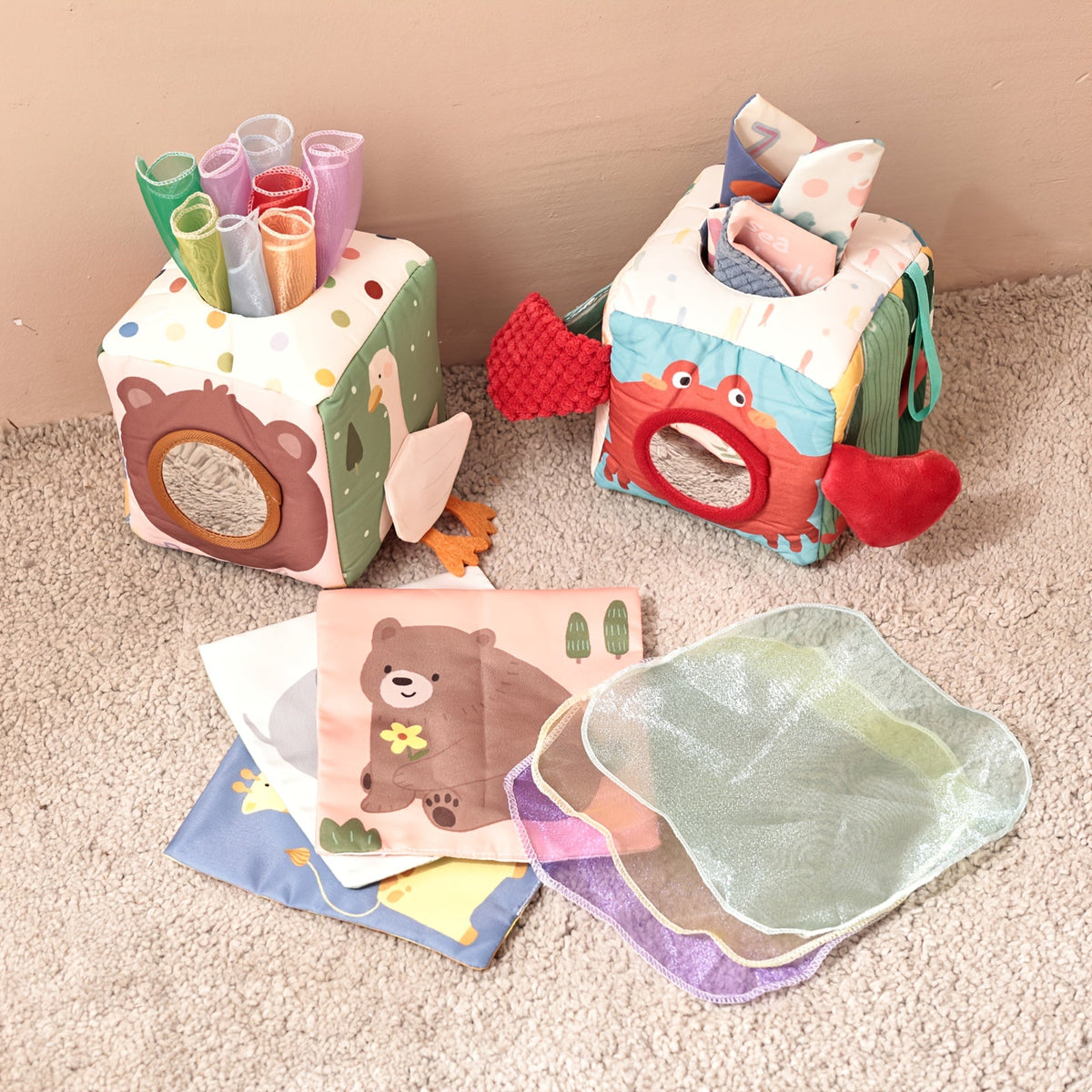 Duck-Shaped Baby Sensory Tissue Box Toy, Non-Tearable Fabric Pull Tissue for Infant Finger Exercise & Early Education, Montessori Soothing Toy for Newborns 0-12 Months, Mixed Colors