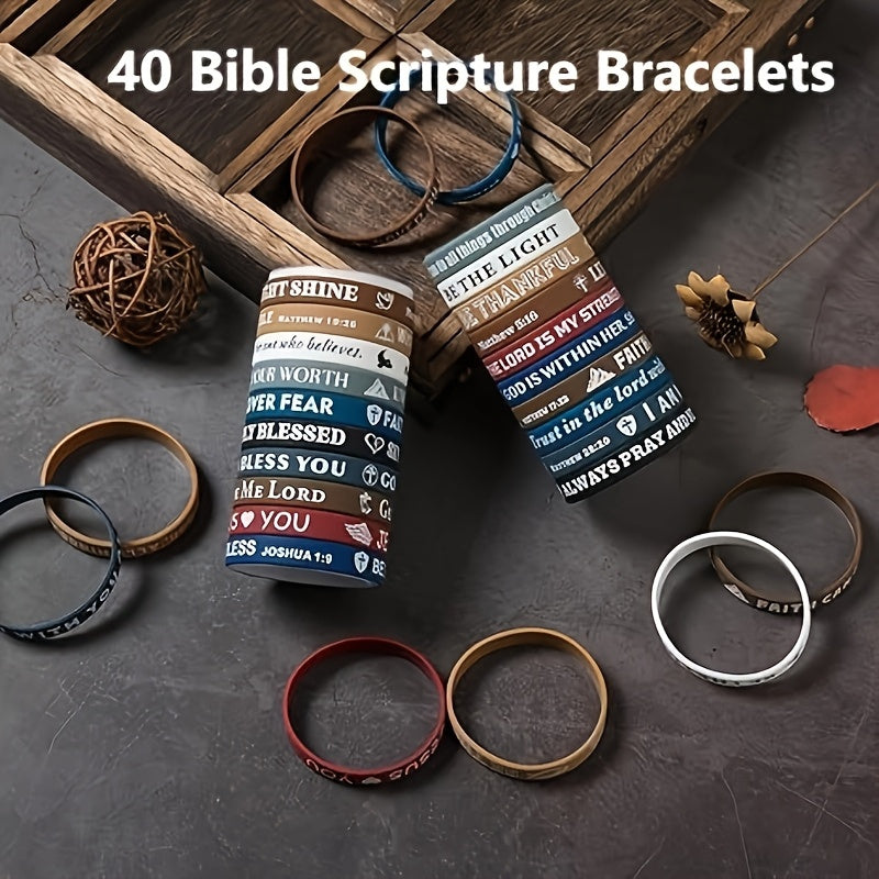 40-Pack Bible Verse Silicone Bracelets, Colorful Inspirational Christian Faith Wristbands, Unisex Lightweight Daily Wear Church Party Gift
