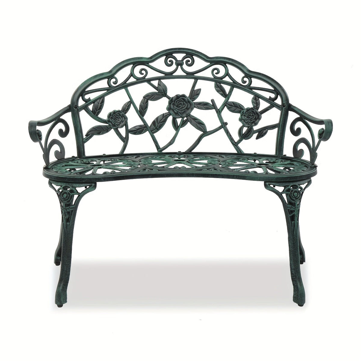 Rose Pattern Cast Aluminum Outdoor Bench 38.5", Floral Vintage Design, Weatherproof & Rustproof, Ergonomic Back & Armrests, Patio Garden Porch Courtyard Seating, Available in Red/Brown/Black