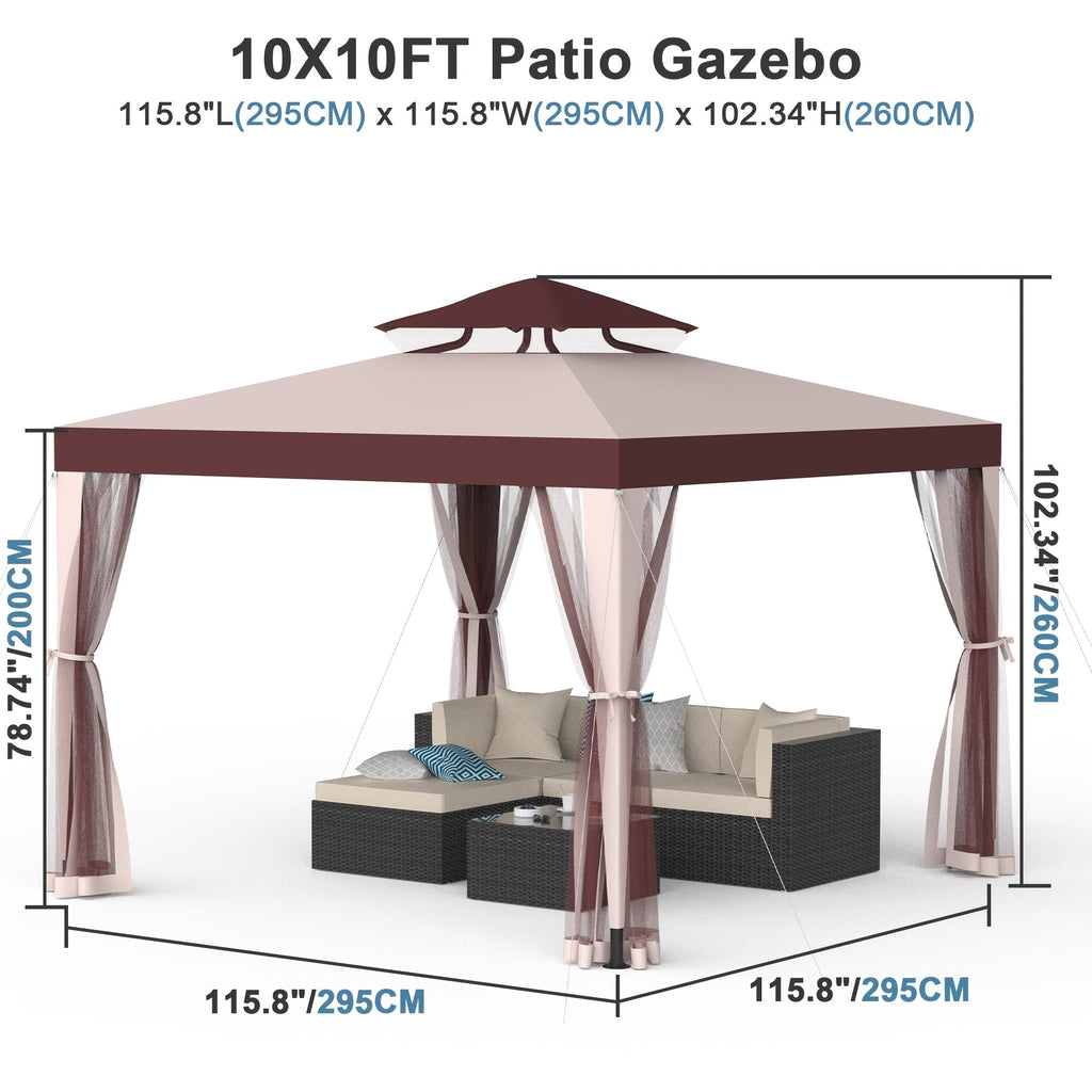 10x10 Ft Gazebo with Mosquito Netting & Mesh Sidewalls, 100 Sq Ft Shade, Sturdy Steel Frame, for Garden, Backyard, Terrace & BBQ Party