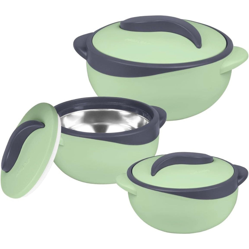 3-Piece Insulated Casserole Dish Set with Lids – 2.6 / 1.5 / 1 Qt Stainless Steel Thermal Food Warmer & Cooler Serving Bowls for Picnic Potluck & Entertaining in Green Blue & Pink