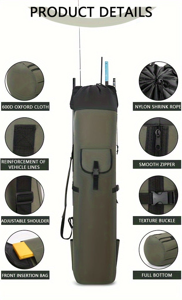 Large Capacity Folding Durable Fishing Rod Bag, Multifunctional Gear Carrier Case with Two Lead Weights, Fits Multiple Rods, Tackle Organizer for Freshwater and Saltwater Fishing