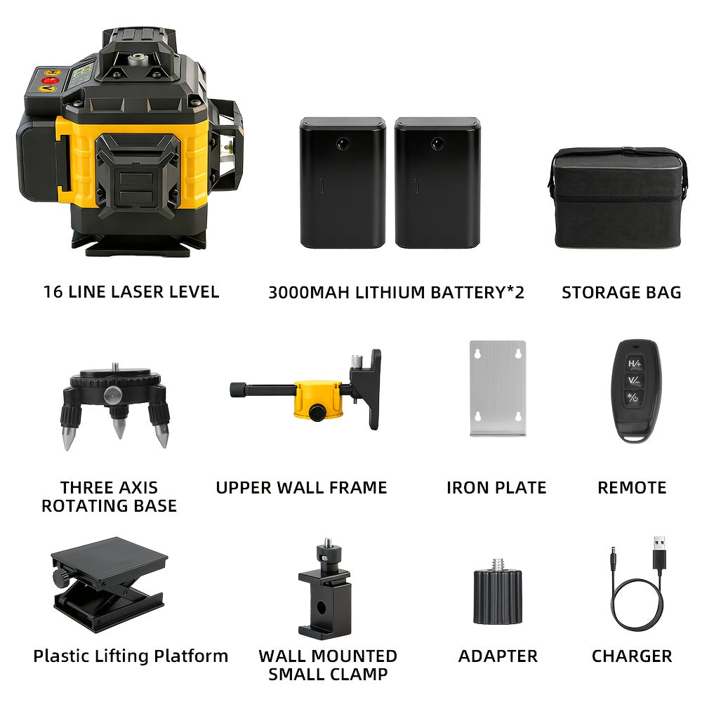 16-Line 4D Laser Level - 360° Self-Leveling, 2x 3000mAh Batteries, Remote Control, Digital Display, Optional 39" Tripod - Construction, Tile, Renovation, Wall & Floor Alignment, Picture Hanging