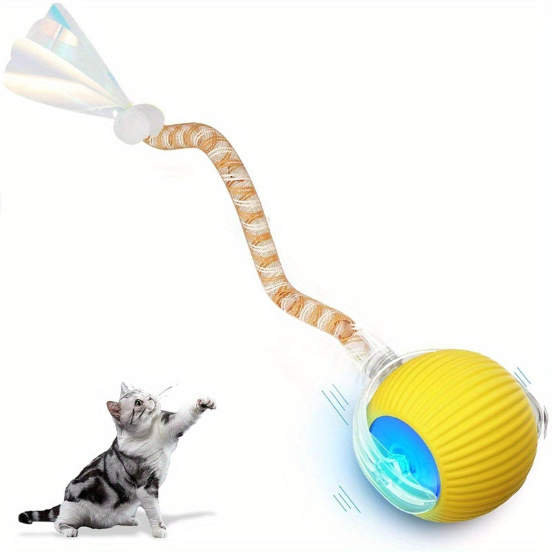 Electric Self-Rolling Cat Ball Toy, Automatic Interactive Cat Toy with Elastic Net Tail, Fast-Rolling Smart Motion Ball for Indoor Cats and Kittens on Carpet and Floors
