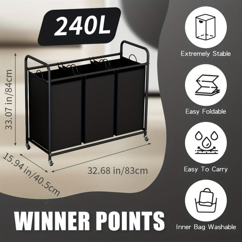 3-Bag Laundry Sorter Cart - 240L/63.4gal, Heavy-Duty Lockable Rolling Wheels, Removable Bags, Non-Woven Reinforced Frame - Bedroom & Laundry Room - Black, Gray, Beige & Brown