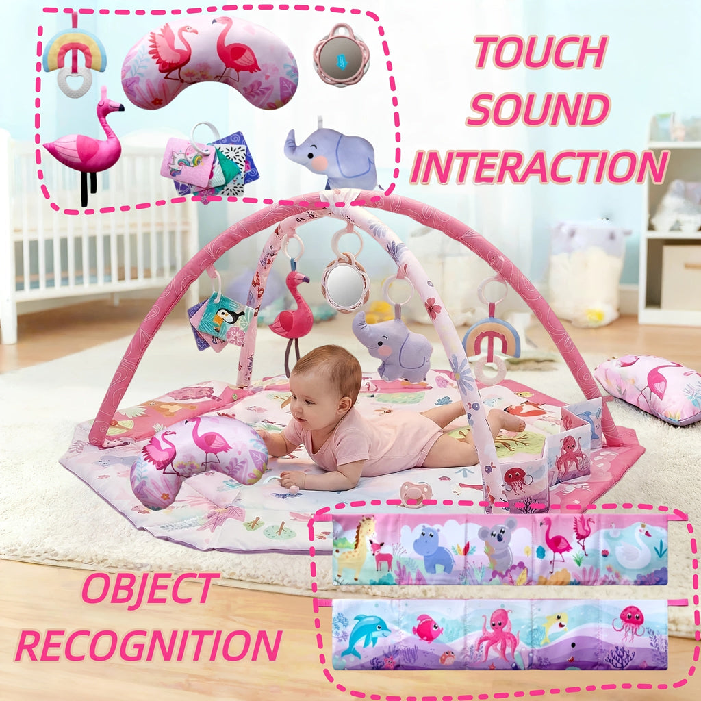 Foldable Hexagonal Baby Activity Mat & Play Gym with 5 Sensory Toys & Exercise Ball, Multi-Functional Infant Crawling Training Mat for Newborns & Toddlers, Pink