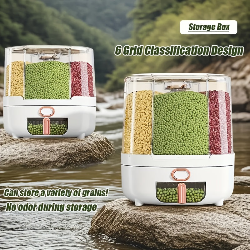 Rotating Cereal Dispenser 6-Grid Large Capacity Airtight Rice Storage Container, Moisture-Proof Insect-Proof Grain Dispenser with Transparent Window & Press Button, Food-Grade PP for Rice, Grains, and Flour