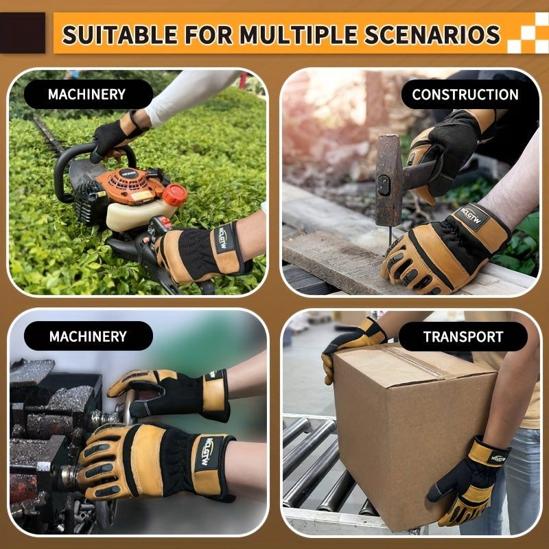 Cowhide Leather Work Gloves 2-Pair - Impact Protection, Grip Lining, Sweat-Wipe Towel Cloth, Tear-Resistant Heavy Duty Men's Safety Gloves for Garden, Outdoor & Construction - Sizes M to XXL
