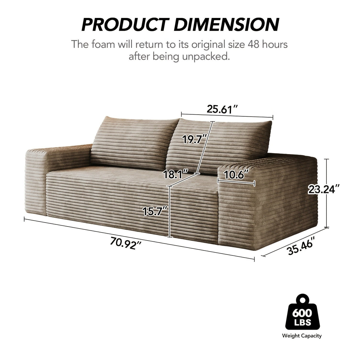 Cloud Sofa 71" Corduroy Fabric, Deep Seat Boneless Couch, No Assembly Ships Compressed in Box, 2-3 Seater Sofa for Living Room Bedroom Dorm, Modern Comfy Lounge Sofa, Multiple Colors