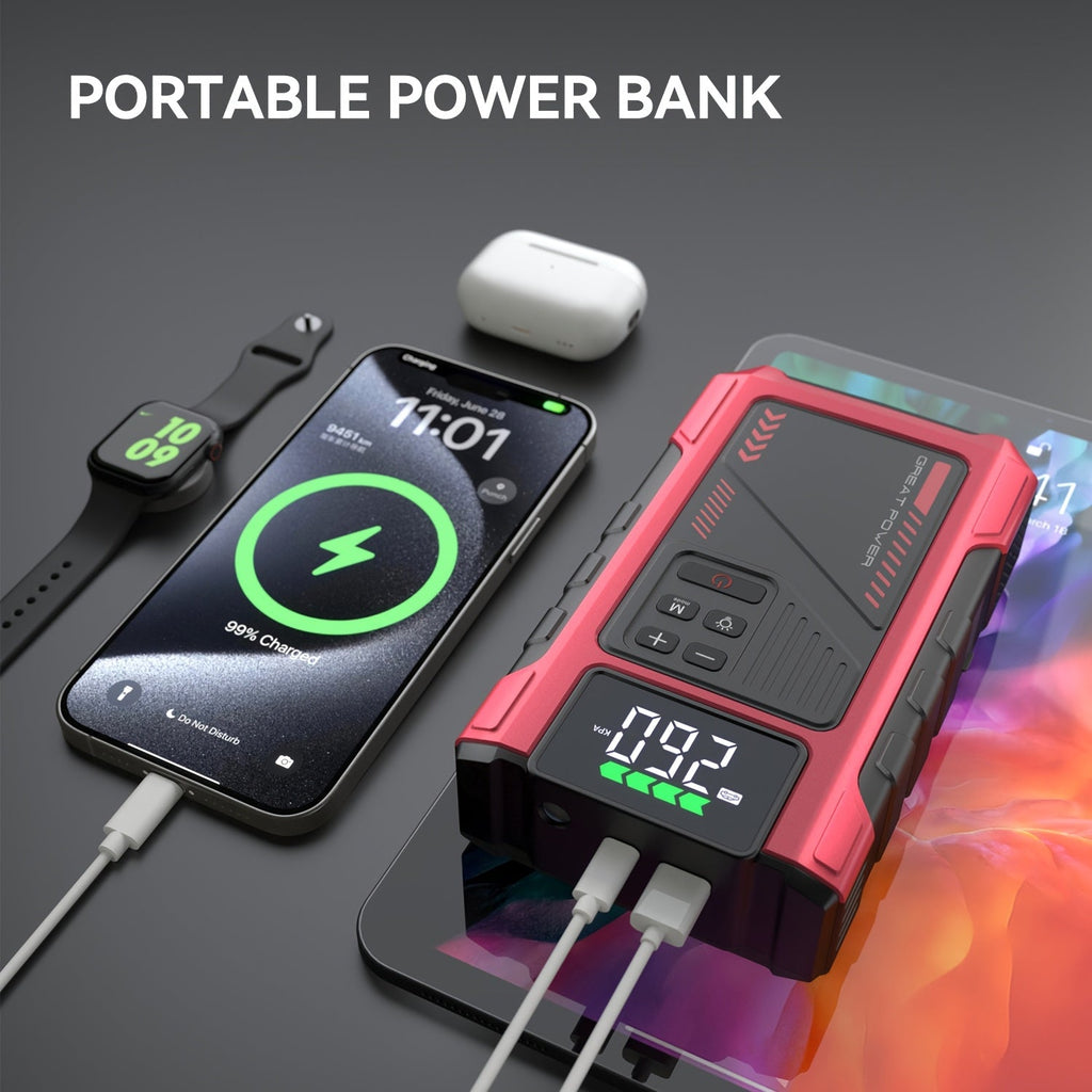 9-in-1 Portable Jump Starter with Air Compressor for 12V Vehicles (Up to 8.0L Gas / 6.5L Diesel) – Battery Booster Pack with Tire Inflator, USB Power Bank, LED Emergency Light & Roadside Kit